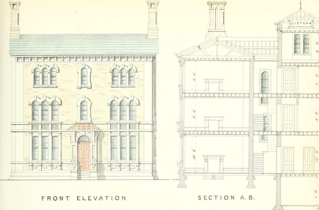 An illustration from The builder's practical director; or, Buildings for all classes, containing plans, sections and elevations for the erection of cottages, villas, farm buildings, dispensaries, public schools, &c., with detailed estimates, quantities, prices, &c. .., 1855, leaf 194