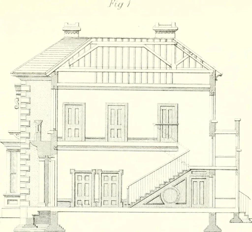 An illustration from The builder's practical director; or, Buildings for all classes, containing plans, sections and elevations for the erection of cottages, villas, farm buildings, dispensaries, public schools, &c., with detailed estimates, quantities, prices, &c. .., 1855, leaf 198