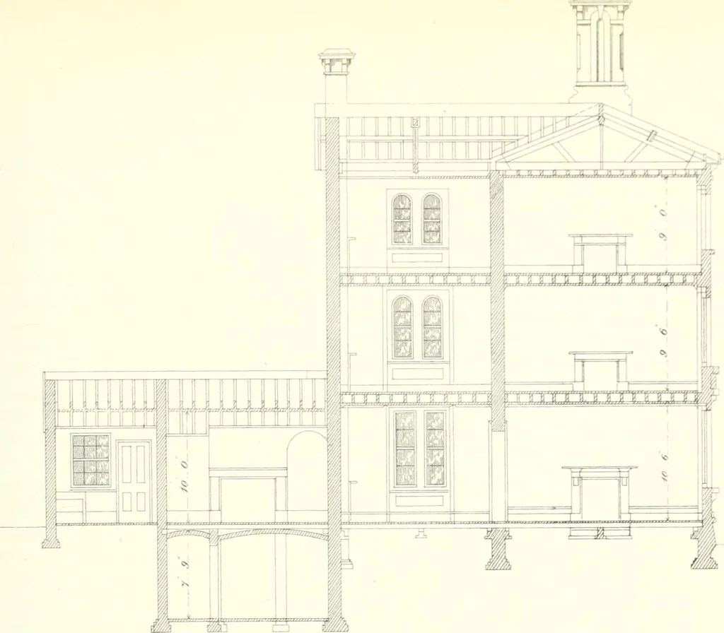 An illustration from The builder's practical director; or, Buildings for all classes, containing plans, sections and elevations for the erection of cottages, villas, farm buildings, dispensaries, public schools, &c., with detailed estimates, quantities, prices, &c. .., 1855, leaf 202