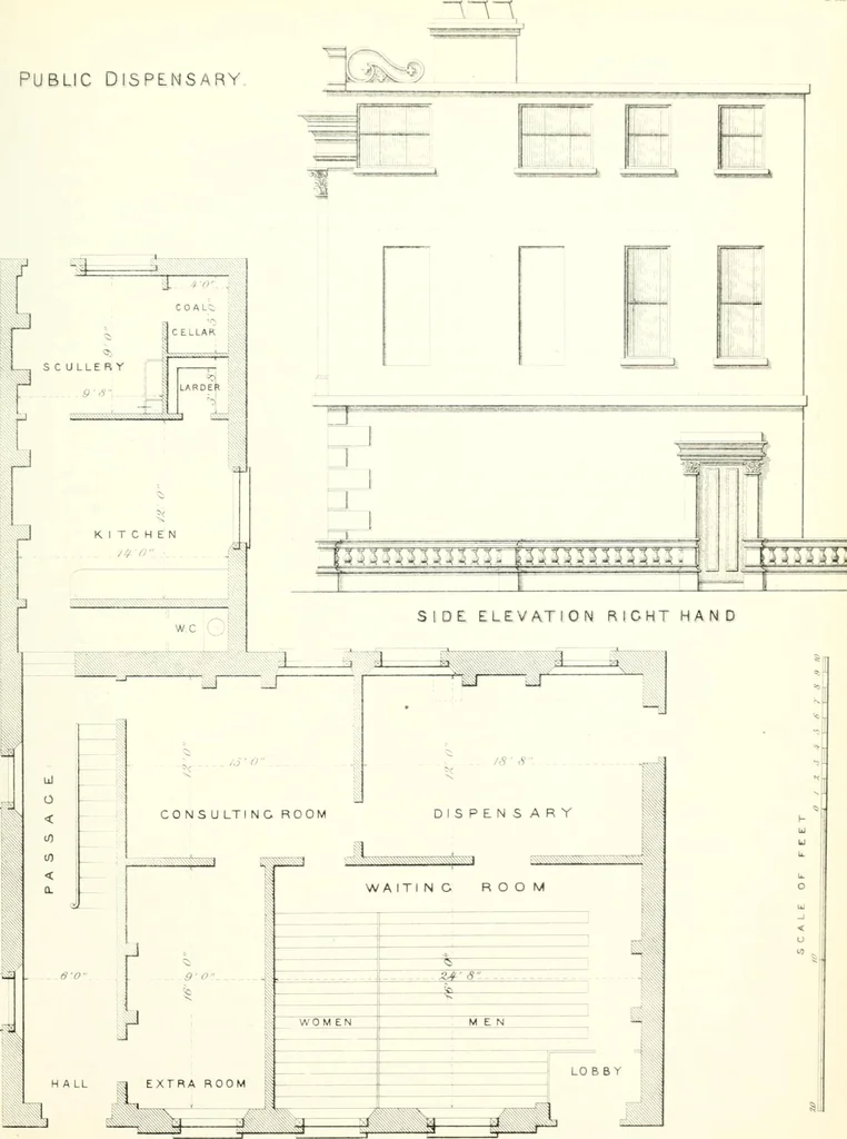 An illustration from The builder's practical director; or, Buildings for all classes, containing plans, sections and elevations for the erection of cottages, villas, farm buildings, dispensaries, public schools, &c., with detailed estimates, quantities, prices, &c. .., 1855, leaf 210