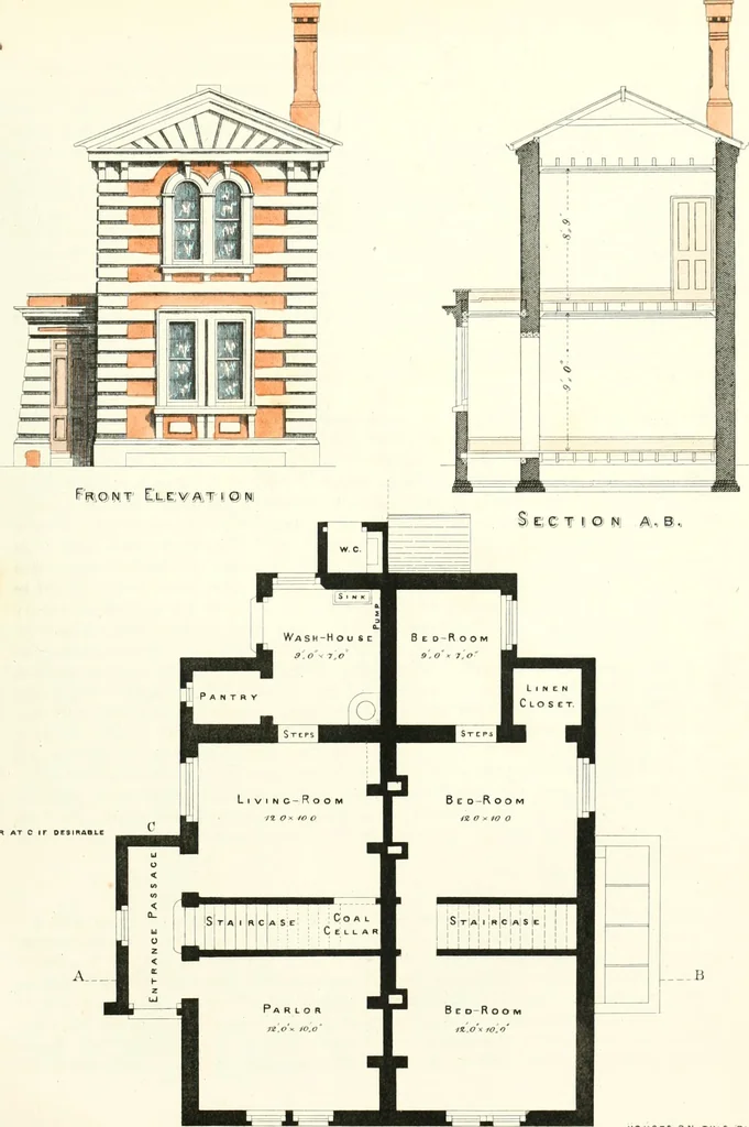 An illustration from The builder's practical director; or, Buildings for all classes, containing plans, sections and elevations for the erection of cottages, villas, farm buildings, dispensaries, public schools, &c., with detailed estimates, quantities, prices, &c. .., 1855, leaf 254