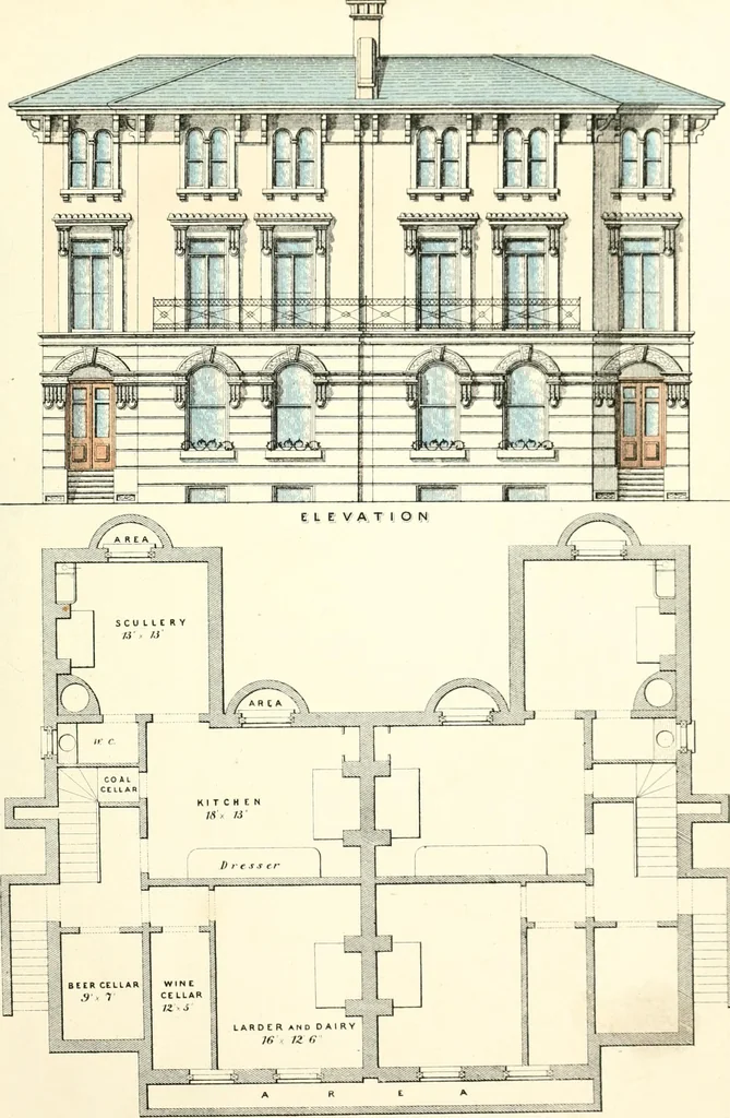 An illustration from The builder's practical director; or, Buildings for all classes, containing plans, sections and elevations for the erection of cottages, villas, farm buildings, dispensaries, public schools, &c., with detailed estimates, quantities, prices, &c. .., 1855, leaf 26