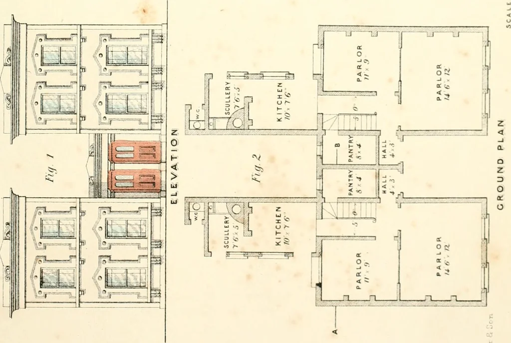 An illustration from The builder's practical director; or, Buildings for all classes, containing plans, sections and elevations for the erection of cottages, villas, farm buildings, dispensaries, public schools, &c., with detailed estimates, quantities, prices, &c. .., 1855, leaf 30
