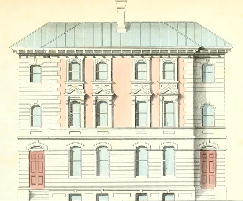 An illustration from The builder's practical director; or, Buildings for all classes, containing plans, sections and elevations for the erection of cottages, villas, farm buildings, dispensaries, public schools, &c., with detailed estimates, quantities, prices, &c. .., 1855, leaf 478