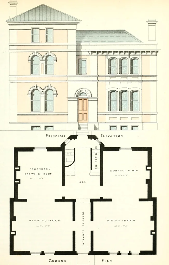 An illustration from The builder's practical director; or, Buildings for all classes, containing plans, sections and elevations for the erection of cottages, villas, farm buildings, dispensaries, public schools, &c., with detailed estimates, quantities, prices, &c. .., 1855, leaf 510