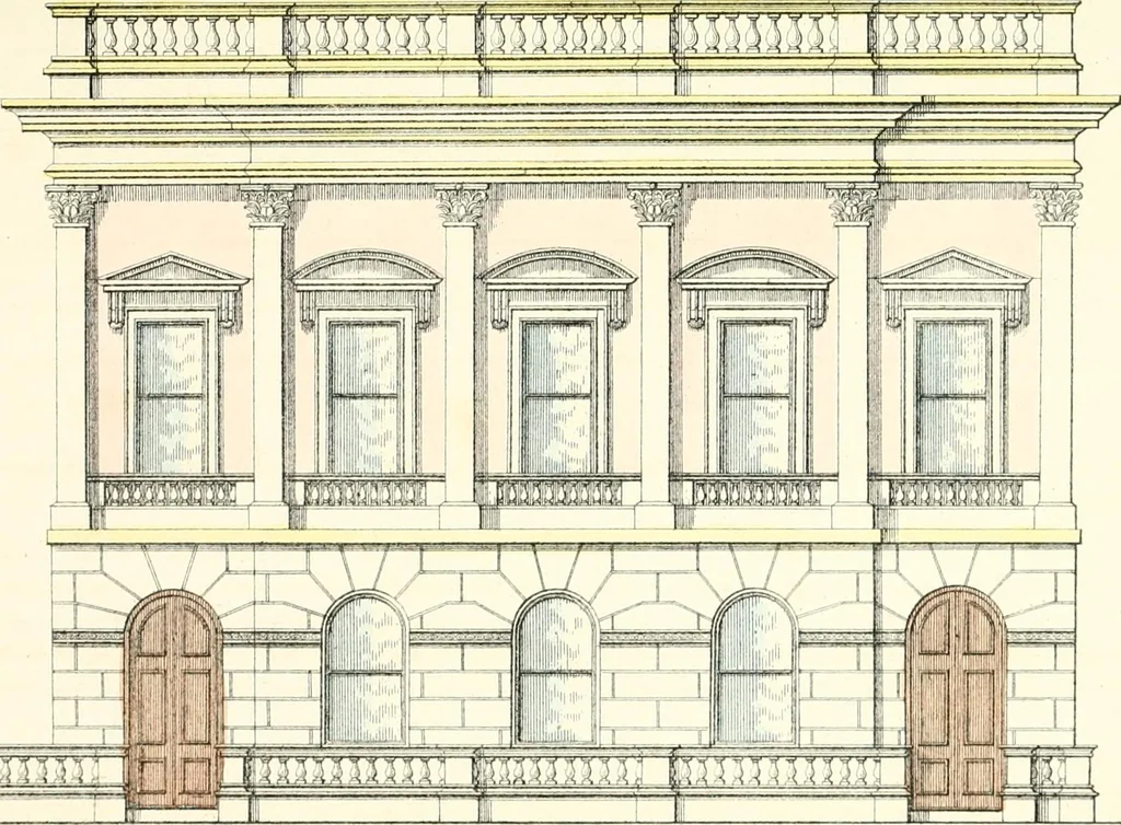 An illustration from The builder's practical director; or, Buildings for all classes, containing plans, sections and elevations for the erection of cottages, villas, farm buildings, dispensaries, public schools, &c., with detailed estimates, quantities, prices, &c. .., 1855, leaf 62