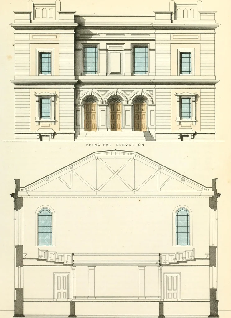 An illustration from The builder's practical director; or, Buildings for all classes, containing plans, sections and elevations for the erection of cottages, villas, farm buildings, dispensaries, public schools, &c., with detailed estimates, quantities, prices, &c. .., 1855, leaf 660