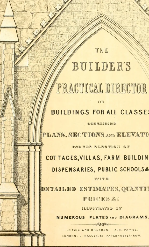 An illustration from The builder's practical director; or, Buildings for all classes, containing plans, sections and elevations for the erection of cottages, villas, farm buildings, dispensaries, public schools, &c., with detailed estimates, quantities, prices, &c. .., 1855, leaf 8