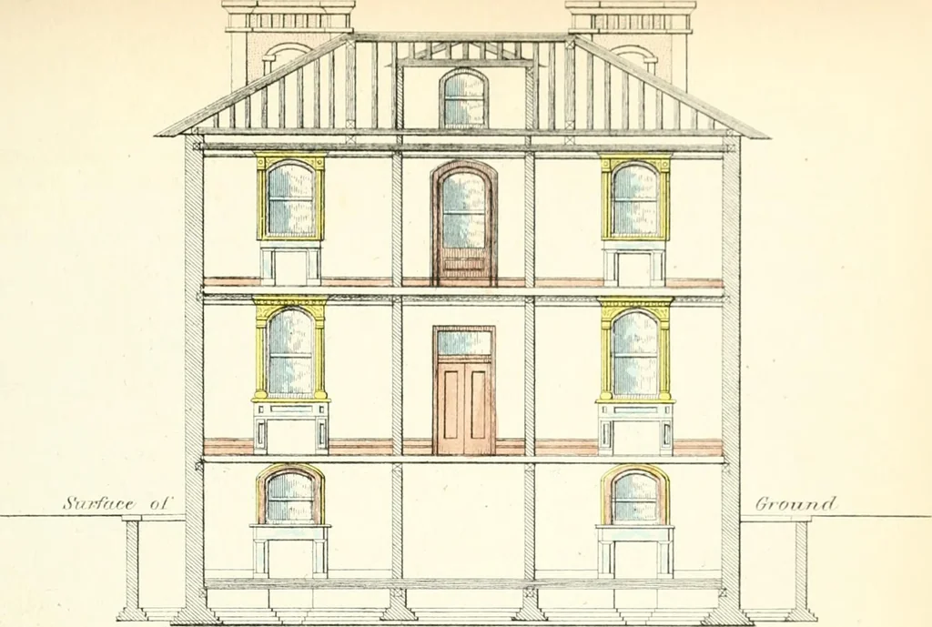 An illustration from The builder's practical director; or, Buildings for all classes, containing plans, sections and elevations for the erection of cottages, villas, farm buildings, dispensaries, public schools, &c., with detailed estimates, quantities, prices, &c. .., 1855, leaf 82