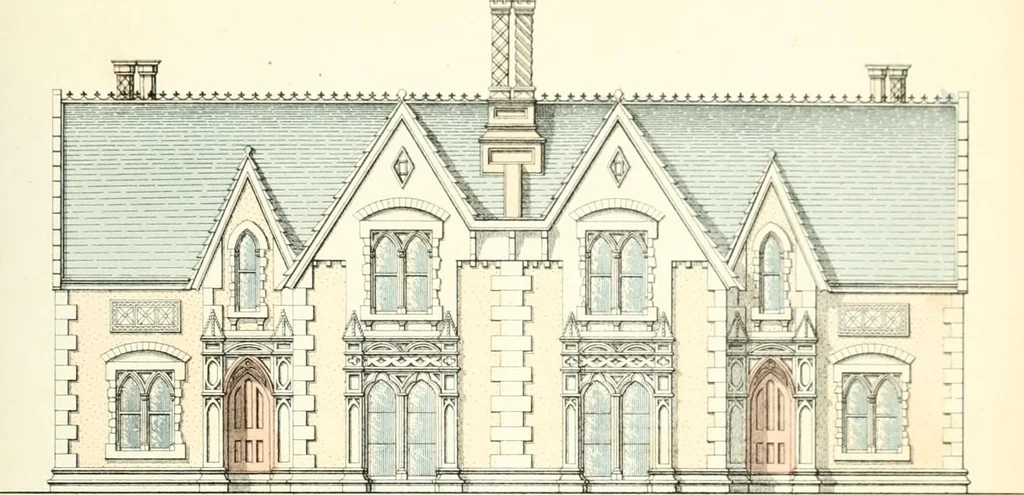 An illustration from The builder's practical director; or, Buildings for all classes, containing plans, sections and elevations for the erection of cottages, villas, farm buildings, dispensaries, public schools, &c., with detailed estimates, quantities, prices, &c. .., 1855, leaf 94