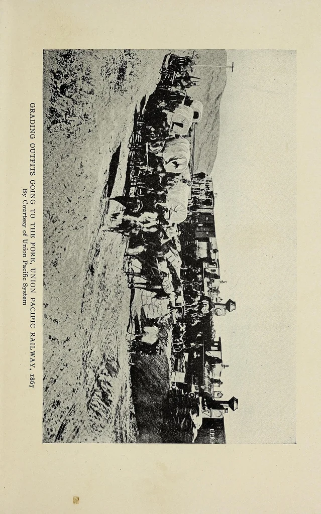 An illustration from Building the Pacific railway; the construction-story of America's first iron thoroughfare between the Missouri River and California, from the inception of the great idea to the day, May 10, 1869, when the Union Pacific and the Central Pacific joined tracks at Promotory Point, Utah, to form the nation's transcontinental, 1919, leaf 189