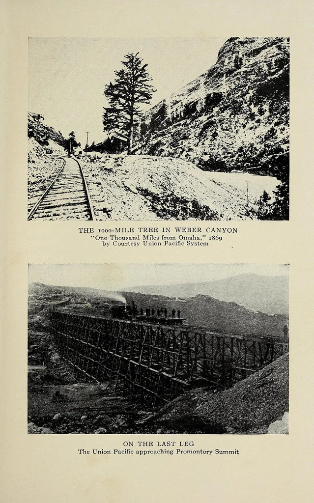 An illustration from Building the Pacific railway; the construction-story of America's first iron thoroughfare between the Missouri River and California, from the inception of the great idea to the day, May 10, 1869, when the Union Pacific and the Central Pacific joined tracks at Promotory Point, Utah, to form the nation's transcontinental, 1919, leaf 217