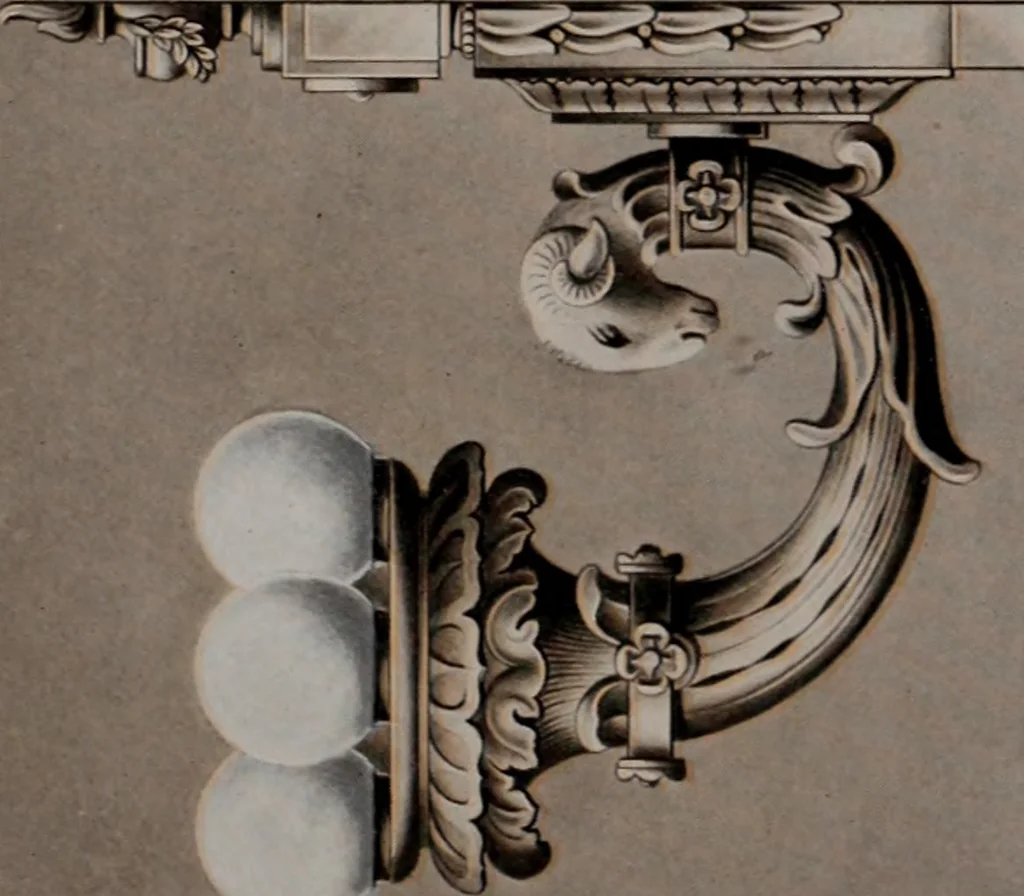 An illustration from Building stone, lathing, plastering, and tiling, common brickwork, ornamental brickwork and terra cotta : lighting fixtures, use and design of lighting fixtures, architectural design, 1909, leaf 386