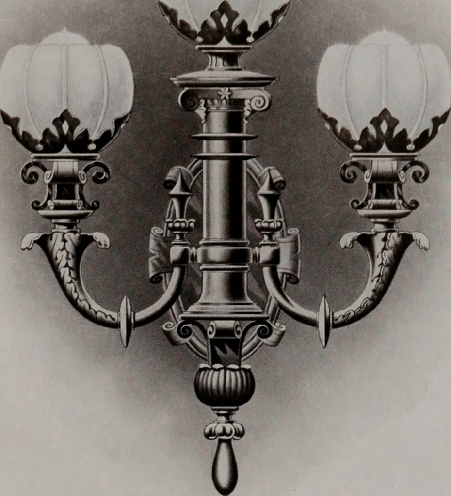 An illustration from Building stone, lathing, plastering, and tiling, common brickwork, ornamental brickwork and terra cotta : lighting fixtures, use and design of lighting fixtures, architectural design, 1909, leaf 444