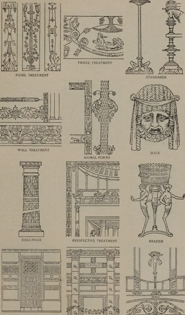 An illustration from Building stone, lathing, plastering, and tiling, common brickwork, ornamental brickwork and terra cotta : lighting fixtures, use and design of lighting fixtures, architectural design, 1909, leaf 466