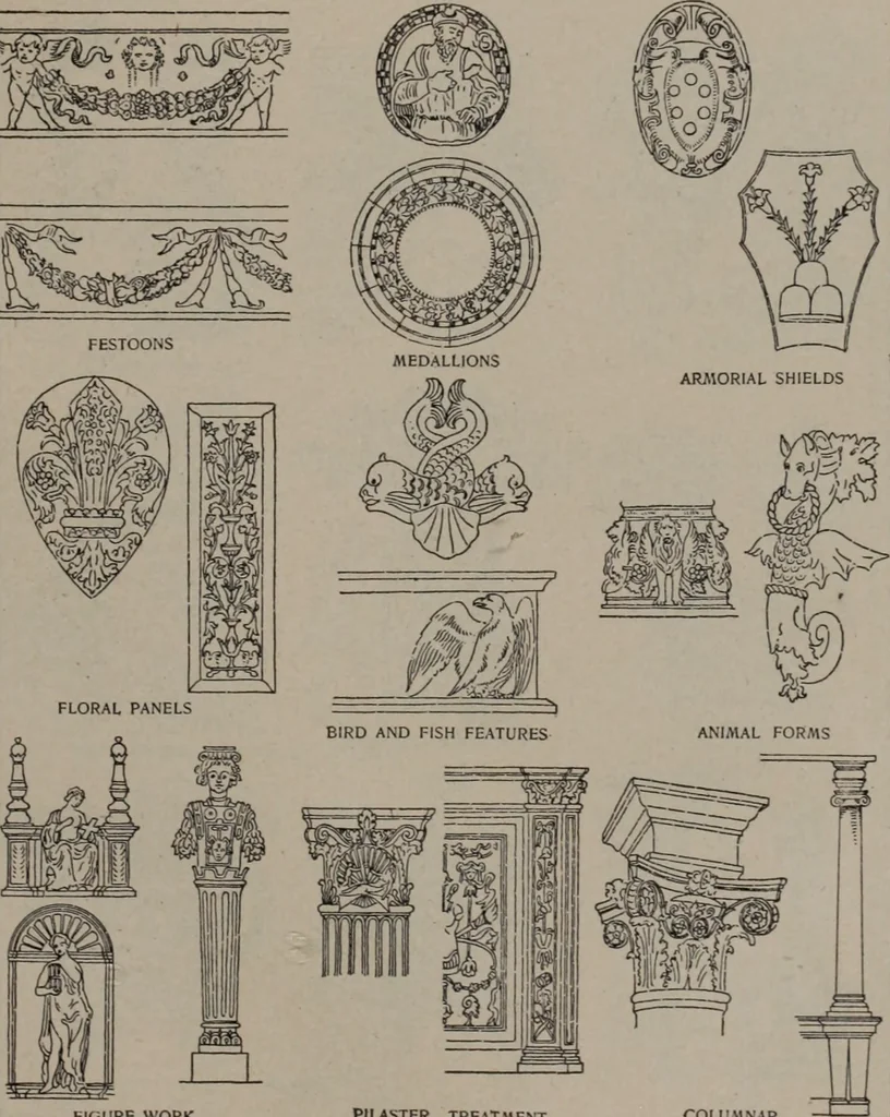 An illustration from Building stone, lathing, plastering, and tiling, common brickwork, ornamental brickwork and terra cotta : lighting fixtures, use and design of lighting fixtures, architectural design, 1909, leaf 472