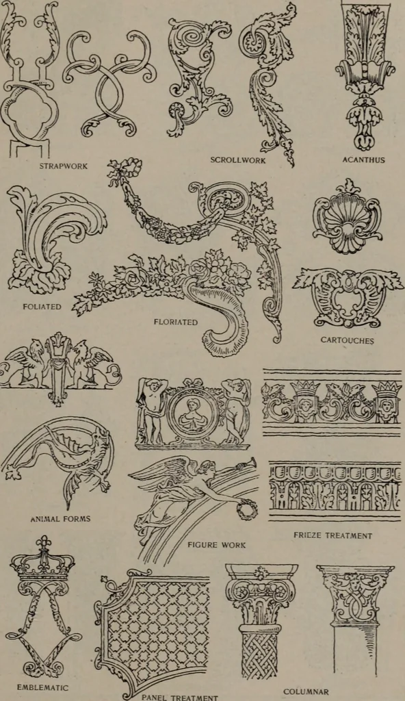 An illustration from Building stone, lathing, plastering, and tiling, common brickwork, ornamental brickwork and terra cotta : lighting fixtures, use and design of lighting fixtures, architectural design, 1909, leaf 476
