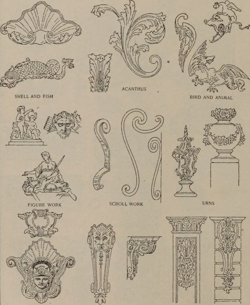 An illustration from Building stone, lathing, plastering, and tiling, common brickwork, ornamental brickwork and terra cotta : lighting fixtures, use and design of lighting fixtures, architectural design, 1909, leaf 477