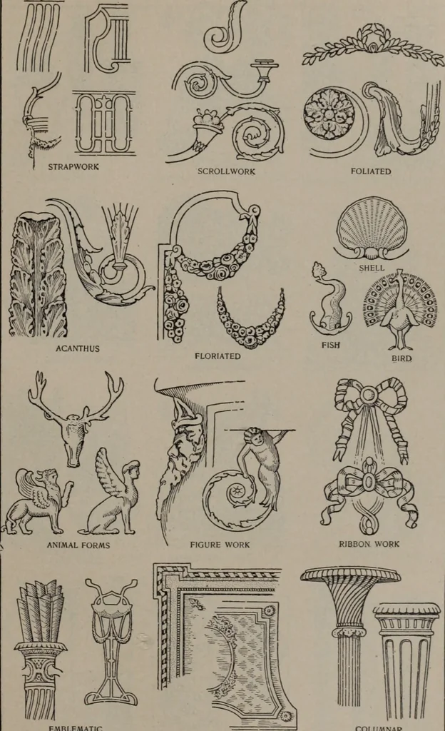 An illustration from Building stone, lathing, plastering, and tiling, common brickwork, ornamental brickwork and terra cotta : lighting fixtures, use and design of lighting fixtures, architectural design, 1909, leaf 478