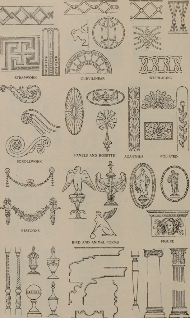 An illustration from Building stone, lathing, plastering, and tiling, common brickwork, ornamental brickwork and terra cotta : lighting fixtures, use and design of lighting fixtures, architectural design, 1909, leaf 485