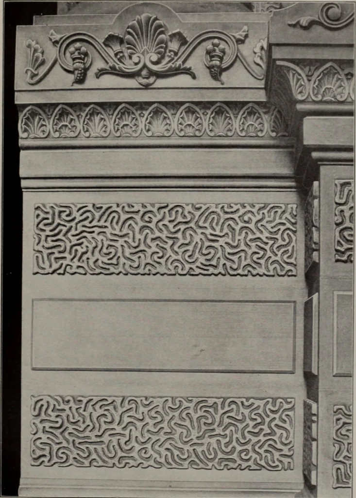An illustration from Building stone, lathing, plastering, and tiling, common brickwork, ornamental brickwork and terra cotta : lighting fixtures, use and design of lighting fixtures, architectural design, 1909, leaf 54