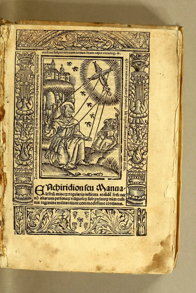 An illustration from Bulla confirmationis et nouae concessionis priuilegiorum omnium ordinum Mendicantium. : cum certis declarationibus decretis [et] inhibitio[n]ibus. S. D. N. D. Pij Papæ V. Motu p[ro]prio, 1568, leaf 3