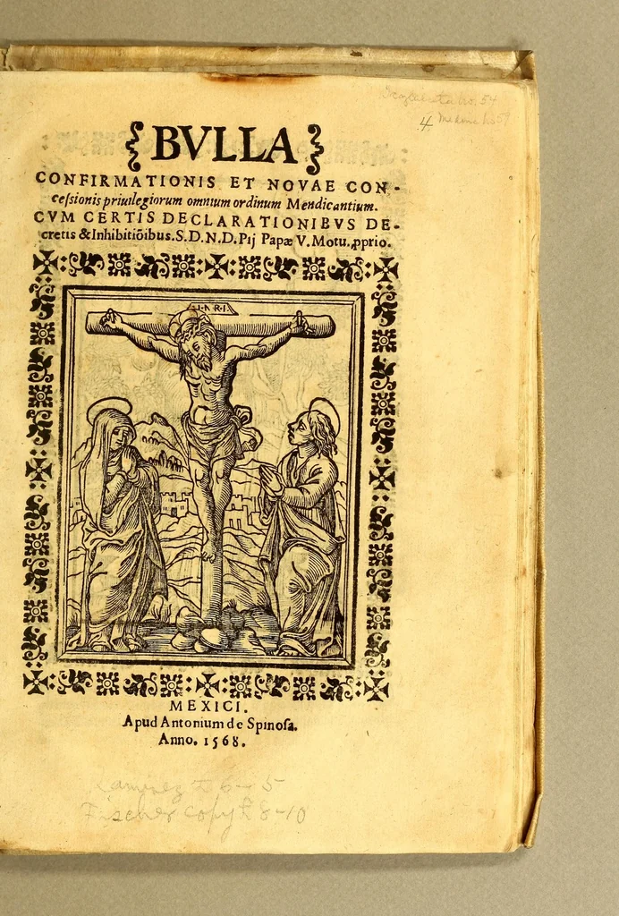 An illustration from Bulla confirmationis et nouae concessionis priuilegiorum omnium ordinum Mendicantium. : cum certis declarationibus decretis [et] inhibitio[n]ibus. S. D. N. D. Pij Papæ V. Motu p[ro]prio, 1568, leaf 5