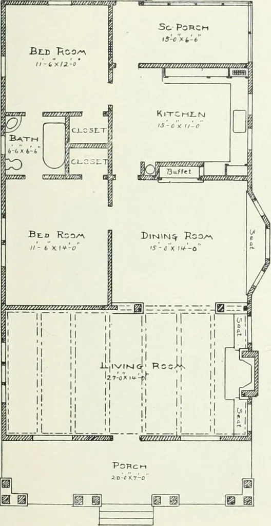 An illustration from Bungalows and cottages in Southern California. Presenting house and plans as built and streets and tracts as developed by the Los Angeles Investment Company, 1909, leaf 22