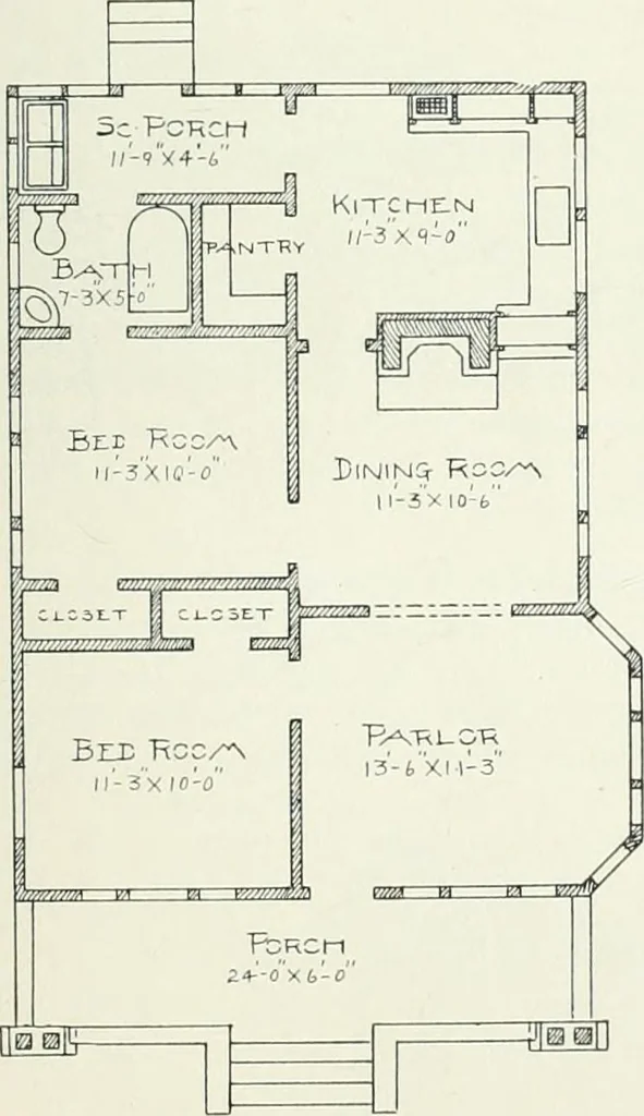 An illustration from Bungalows and cottages in Southern California. Presenting house and plans as built and streets and tracts as developed by the Los Angeles Investment Company, 1909, leaf 42