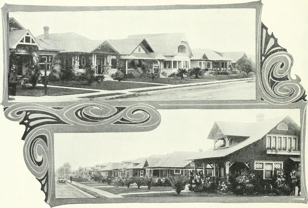 An illustration from Bungalows and cottages in Southern California. Presenting house and plans as built and streets and tracts as developed by the Los Angeles Investment Company, 1909, leaf 9