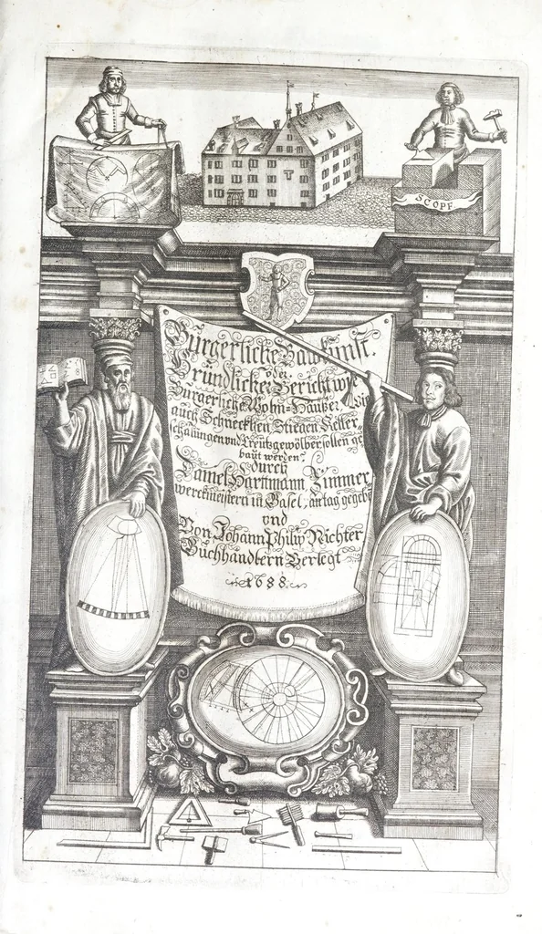 An illustration from Burgerliche Wohnungs Baw-Kunst, oder, Gründlicher Bericht, wie auff einem vorgegebenem Platz, ein wolgestelltes Wohn-hauss, neben dessen Losamentern, die Schälung des Kreutz-gewölbten Kellers, Stiegen, Schnecken, deren krummen und breiten Tritten, Schreg-fenstern, Verbürstungen des Kopffs und Hand-haben, wie solche am zier- und läng-ständigsten mögen gebawet werden ..., 1688, leaf 7