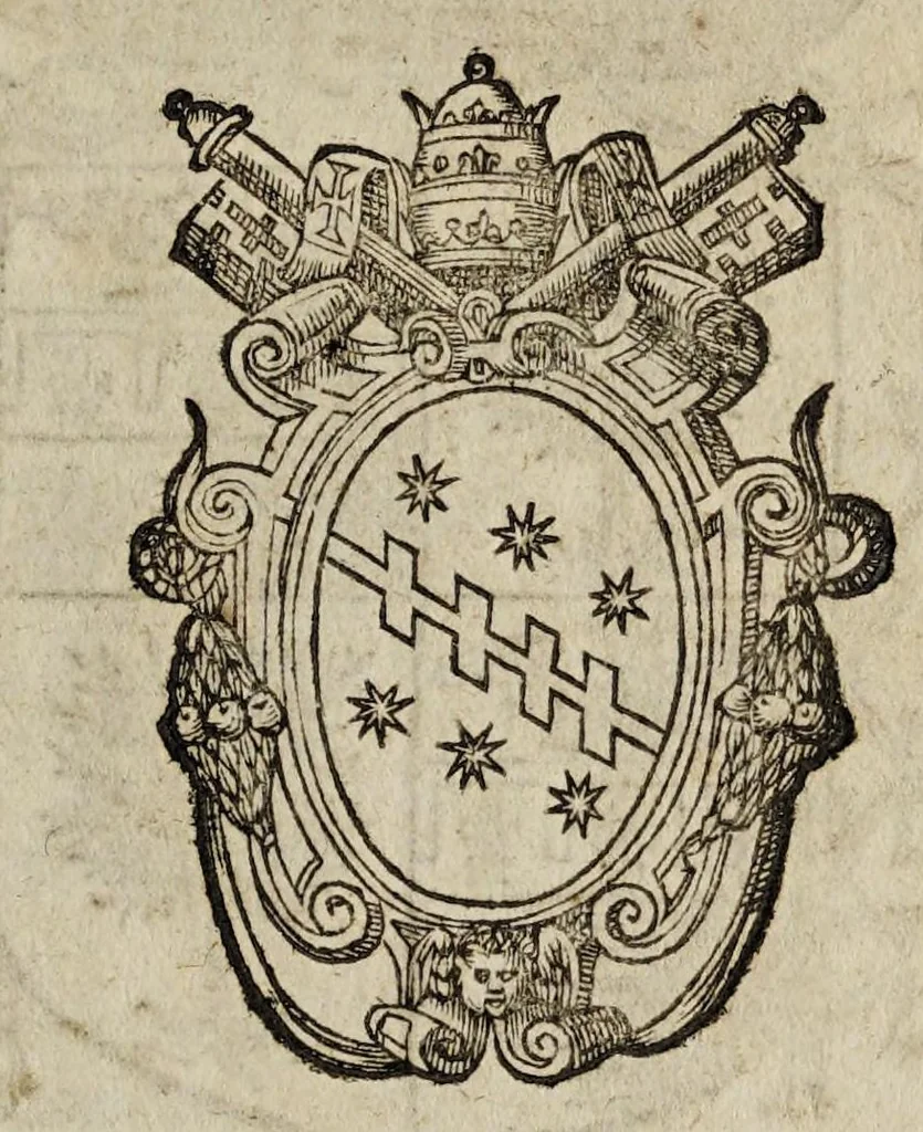 An illustration from Bvlla S.D.N. Clementis Papæ VIII. pro facultatibus illustrissimi ac reuerendissimi domini Cardinalis Placentini, legati de latere ad regnum Franciæ., 1592, leaf 1