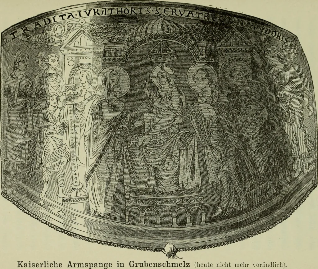 An illustration from Die byzantinischen Zellenschmelze der Sammlung Dr. Alex. von Swenigorodskoï und das darüber veröffentlichte Prachtwerk : archäologisch-kunstgeschichtliche Studie, 1896, leaf 326