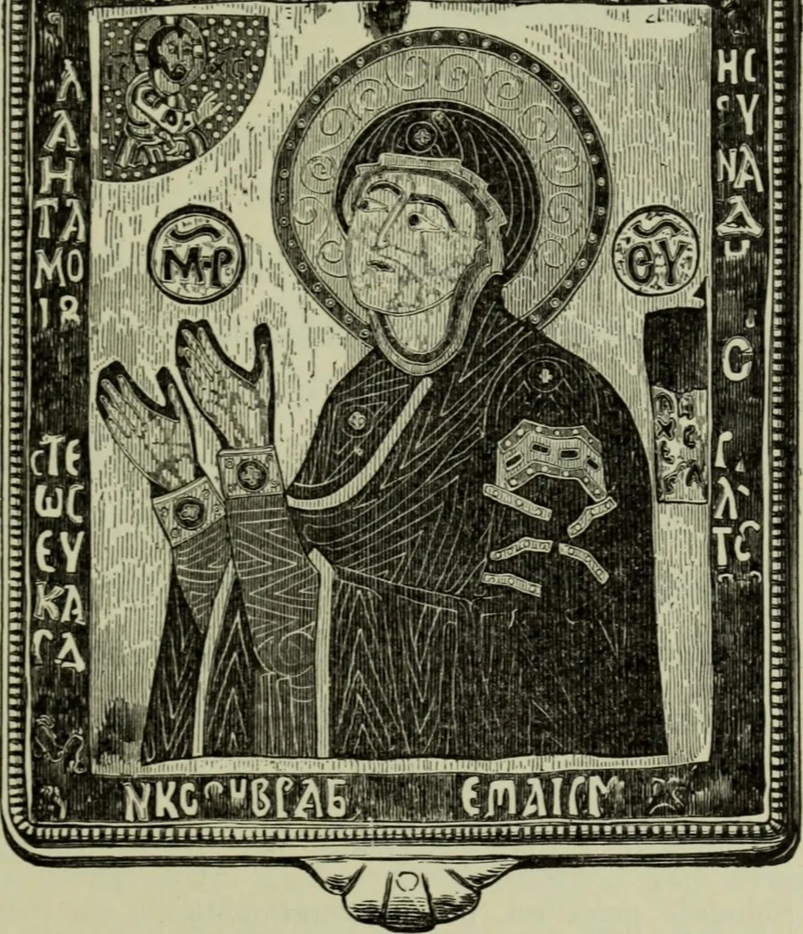An illustration from Die byzantinischen Zellenschmelze der Sammlung Dr. Alex. von Swenigorodskoï und das darüber veröffentlichte Prachtwerk : archäologisch-kunstgeschichtliche Studie, 1896, leaf 334