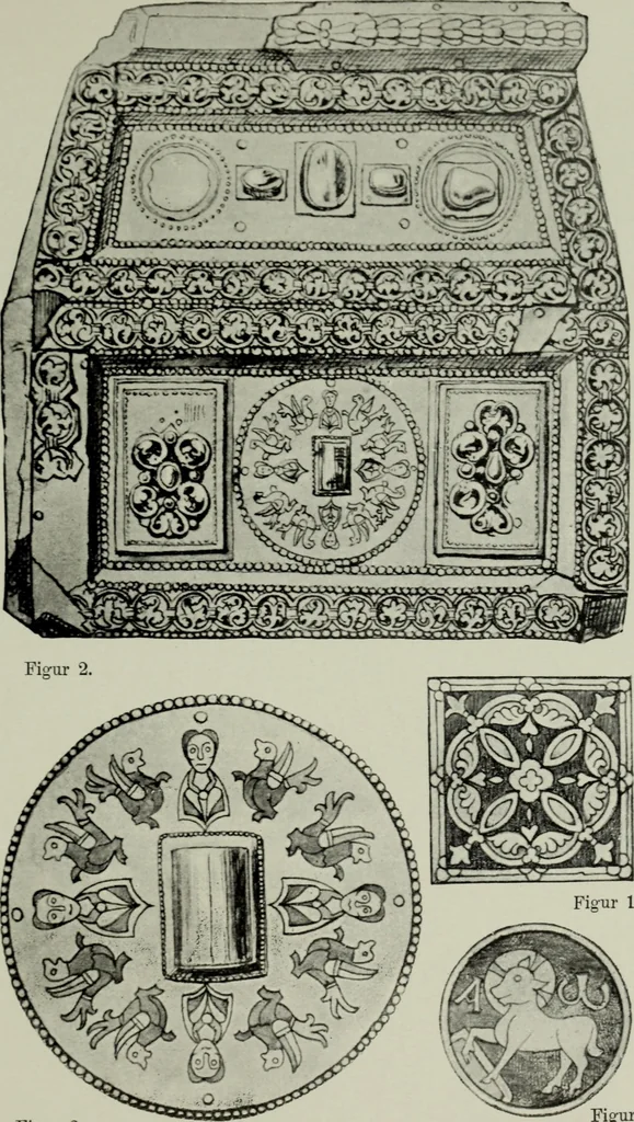An illustration from Die byzantinischen Zellenschmelze der Sammlung Dr. Alex. von Swenigorodskoï und das darüber veröffentlichte Prachtwerk : archäologisch-kunstgeschichtliche Studie, 1896, leaf 484