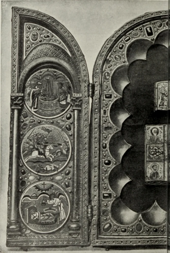 An illustration from Die byzantinischen Zellenschmelze der Sammlung Dr. Alex. von Swenigorodskoï und das darüber veröffentlichte Prachtwerk : archäologisch-kunstgeschichtliche Studie, 1896, leaf 487