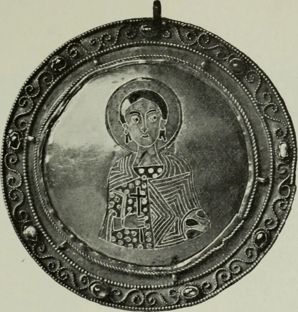 An illustration from Die byzantinischen Zellenschmelze der Sammlung Dr. Alex. von Swenigorodskoï und das darüber veröffentlichte Prachtwerk : archäologisch-kunstgeschichtliche Studie, 1896, leaf 518