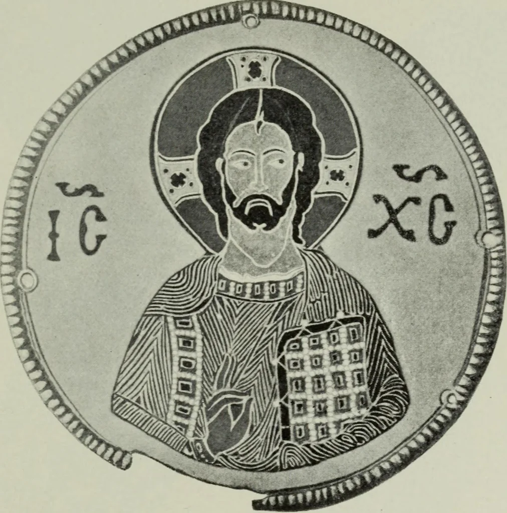 An illustration from Die byzantinischen Zellenschmelze der Sammlung Dr. Alex. von Swenigorodskoï und das darüber veröffentlichte Prachtwerk : archäologisch-kunstgeschichtliche Studie, 1896, leaf 526