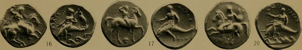 An illustration from Catalogue of the valuable collection of Greek civic & regal coins in gold, elctrum, silver and bronze, including a few pieces of Judaea, Bactria, & the Ptolemaic dynasty of Egypt, the property of Cumberland Clark ... and another property of Greek and Roman gold coins ... which will be sold by auction by Messrs, 1914, leaf 66