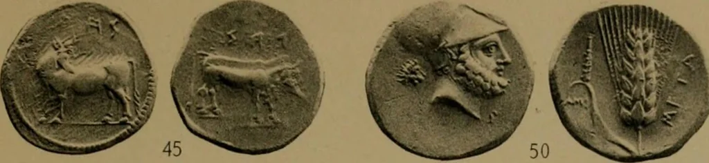 An illustration from Catalogue of the valuable collection of Greek civic & regal coins in gold, elctrum, silver and bronze, including a few pieces of Judaea, Bactria, & the Ptolemaic dynasty of Egypt, the property of Cumberland Clark ... and another property of Greek and Roman gold coins ... which will be sold by auction by Messrs, 1914, leaf 68