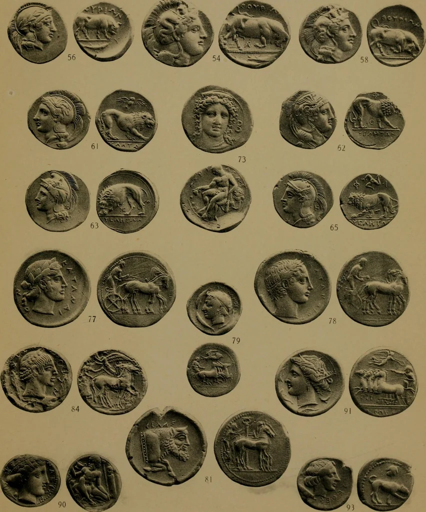 An illustration from Catalogue of the valuable collection of Greek civic & regal coins in gold, elctrum, silver and bronze, including a few pieces of Judaea, Bactria, & the Ptolemaic dynasty of Egypt, the property of Cumberland Clark ... and another property of Greek and Roman gold coins ... which will be sold by auction by Messrs, 1914, leaf 68