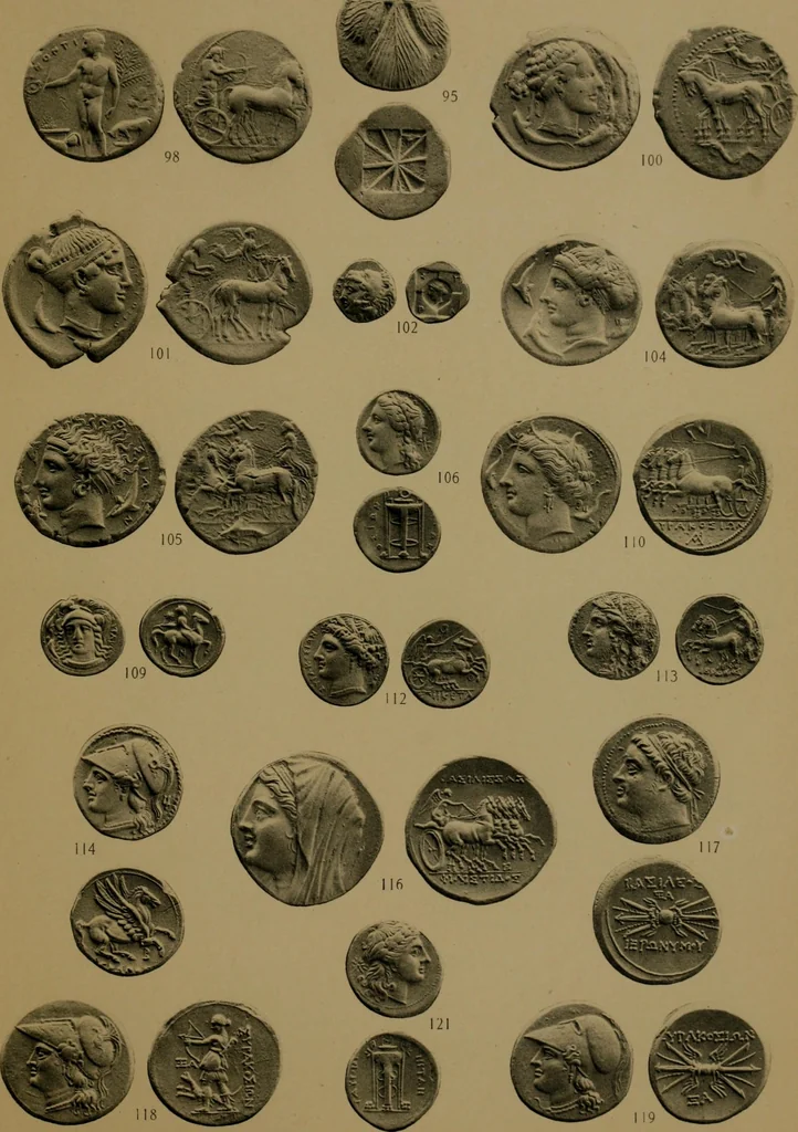 An illustration from Catalogue of the valuable collection of Greek civic & regal coins in gold, elctrum, silver and bronze, including a few pieces of Judaea, Bactria, & the Ptolemaic dynasty of Egypt, the property of Cumberland Clark ... and another property of Greek and Roman gold coins ... which will be sold by auction by Messrs, 1914, leaf 70