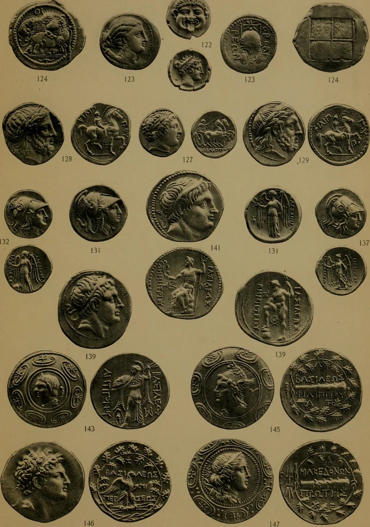An illustration from Catalogue of the valuable collection of Greek civic & regal coins in gold, elctrum, silver and bronze, including a few pieces of Judaea, Bactria, & the Ptolemaic dynasty of Egypt, the property of Cumberland Clark ... and another property of Greek and Roman gold coins ... which will be sold by auction by Messrs, 1914, leaf 72