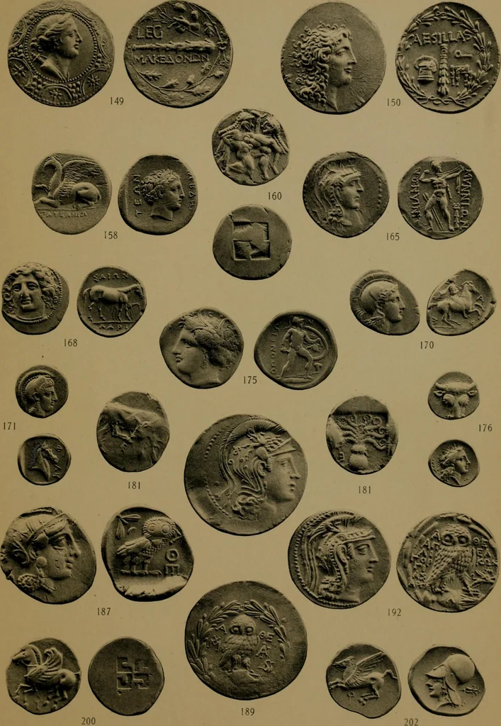 An illustration from Catalogue of the valuable collection of Greek civic & regal coins in gold, elctrum, silver and bronze, including a few pieces of Judaea, Bactria, & the Ptolemaic dynasty of Egypt, the property of Cumberland Clark ... and another property of Greek and Roman gold coins ... which will be sold by auction by Messrs, 1914, leaf 74