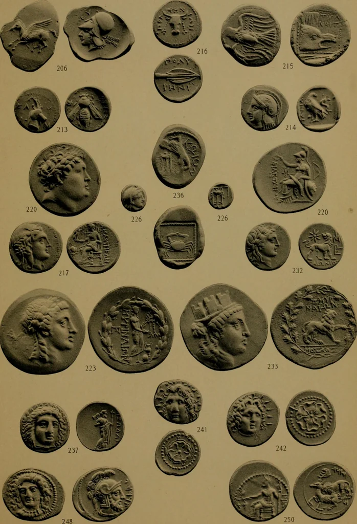 An illustration from Catalogue of the valuable collection of Greek civic & regal coins in gold, elctrum, silver and bronze, including a few pieces of Judaea, Bactria, & the Ptolemaic dynasty of Egypt, the property of Cumberland Clark ... and another property of Greek and Roman gold coins ... which will be sold by auction by Messrs, 1914, leaf 76