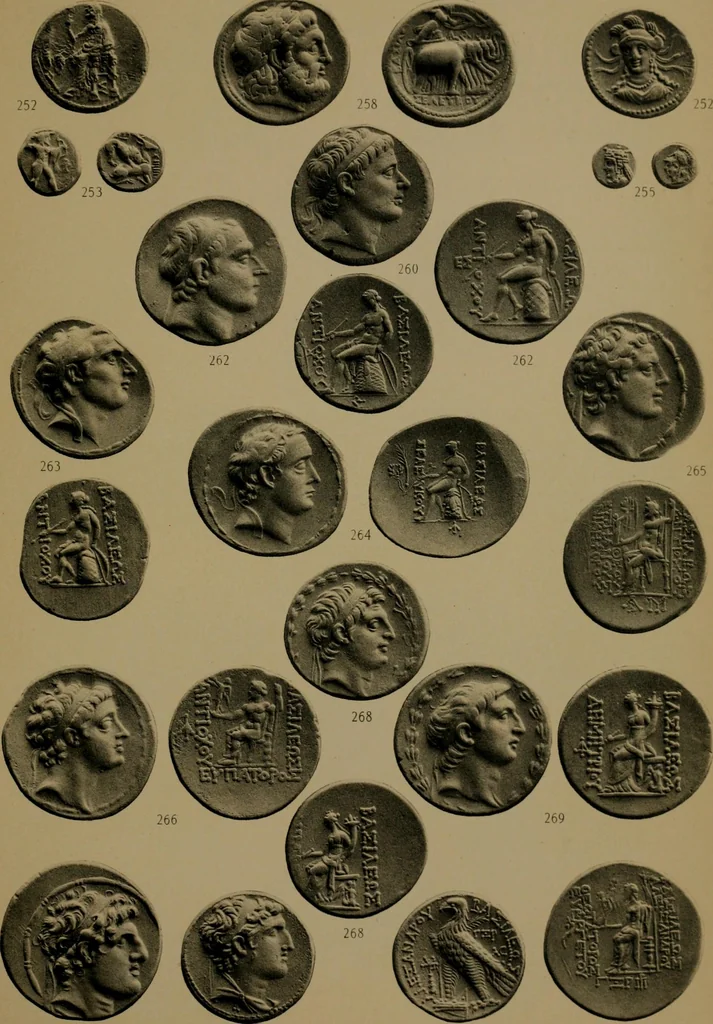 An illustration from Catalogue of the valuable collection of Greek civic & regal coins in gold, elctrum, silver and bronze, including a few pieces of Judaea, Bactria, & the Ptolemaic dynasty of Egypt, the property of Cumberland Clark ... and another property of Greek and Roman gold coins ... which will be sold by auction by Messrs, 1914, leaf 78