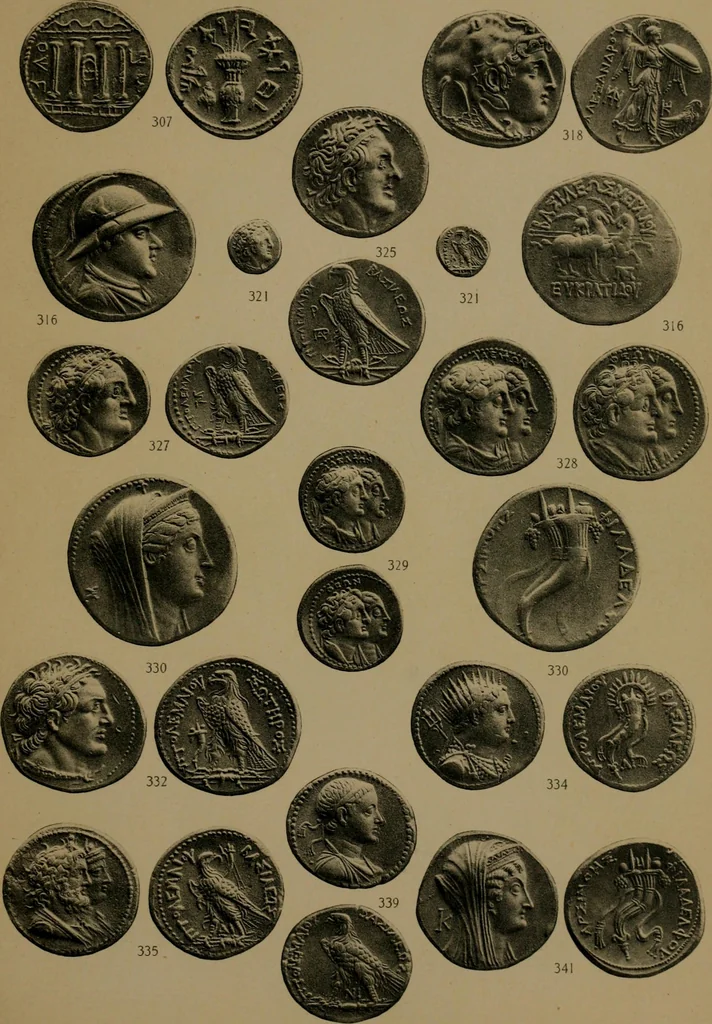 An illustration from Catalogue of the valuable collection of Greek civic & regal coins in gold, elctrum, silver and bronze, including a few pieces of Judaea, Bactria, & the Ptolemaic dynasty of Egypt, the property of Cumberland Clark ... and another property of Greek and Roman gold coins ... which will be sold by auction by Messrs, 1914, leaf 82