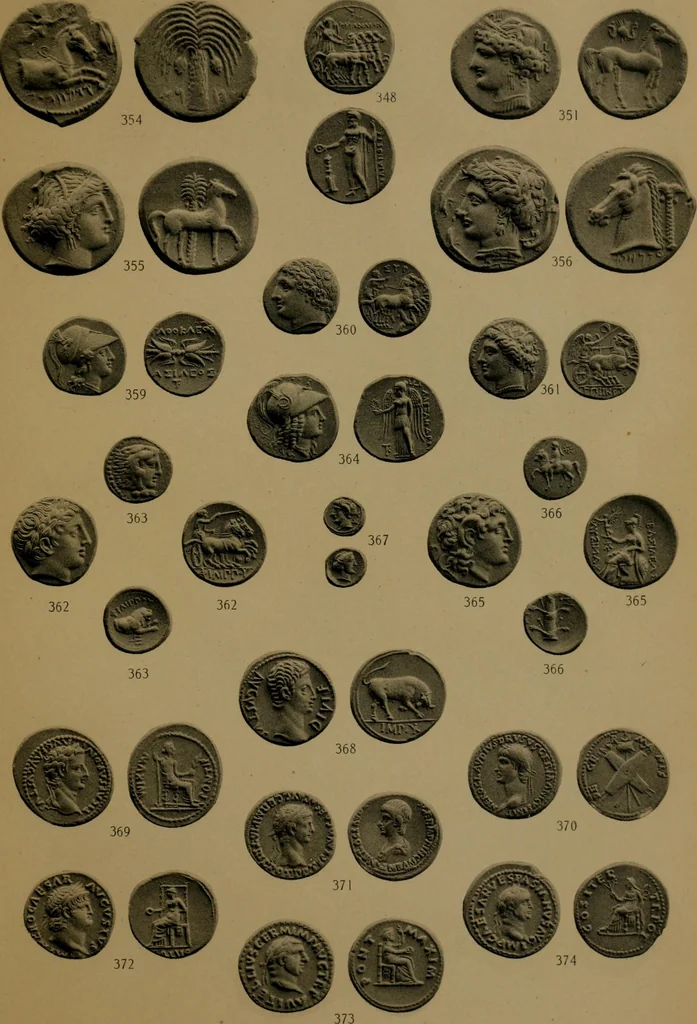 An illustration from Catalogue of the valuable collection of Greek civic & regal coins in gold, elctrum, silver and bronze, including a few pieces of Judaea, Bactria, & the Ptolemaic dynasty of Egypt, the property of Cumberland Clark ... and another property of Greek and Roman gold coins ... which will be sold by auction by Messrs, 1914, leaf 84
