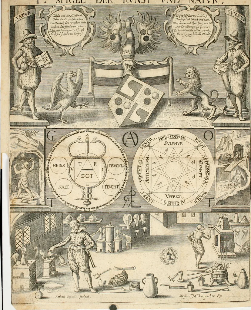 An illustration from Cabala, Spiegel der Kunst und Natur in Alchymia : was der Weisen uralte Stein doch für ein Ding sey, der da dreyfach und nur ein Stein ist : welches allem müheseligen Liebhabern der Kunst zu Ehren mit Hülff Gottes, so klar als ein Spiegel fürgestelt : davon vil bisshero geschrieben aber wenigen bekand : gantz offenbar mit kurtzen Worten der gantzen Warheit durch dise beyligende Figuren erklärt vnd an Tag gegeben, 1663, leaf 31
