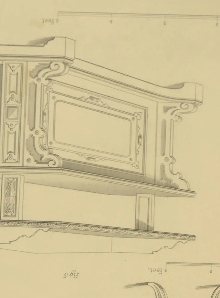 An illustration from The Cabinet-Maker's Assistant, a series of original designs for modern furniture, with descriptions and details of construction, preceded by practical observations on the materials and manufacture of cabinet-work, and instructions in drawing adapted to the trade, 1853, leaf 52